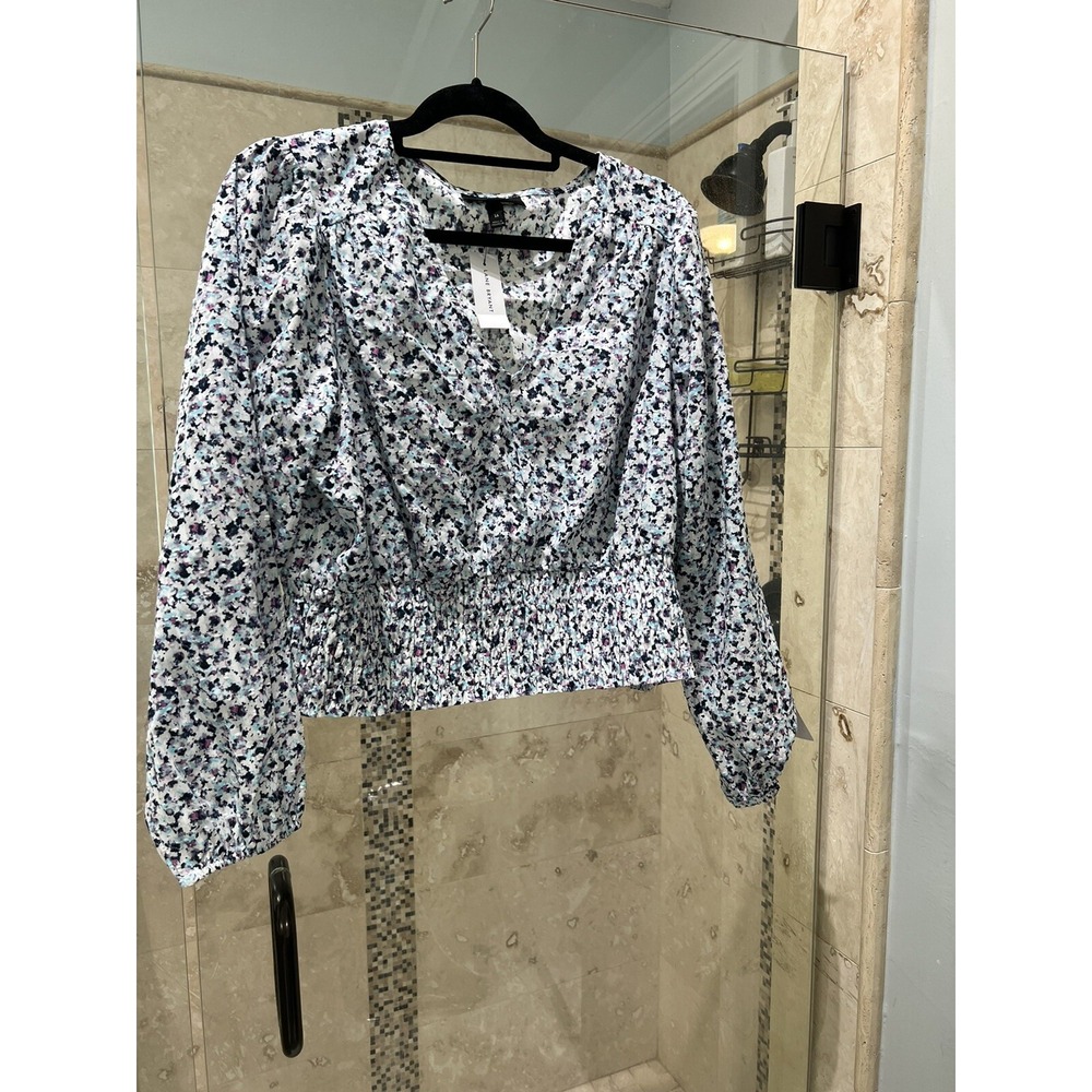 NWT Lane Bryant 16 Blue White Pink Floral Blouse Smocked Waist V-Neck Top